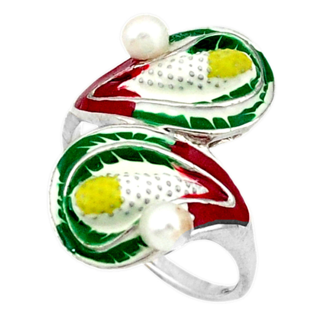 Natural white pearl enamel 925 sterling silver ring jewelry size 8 c16788