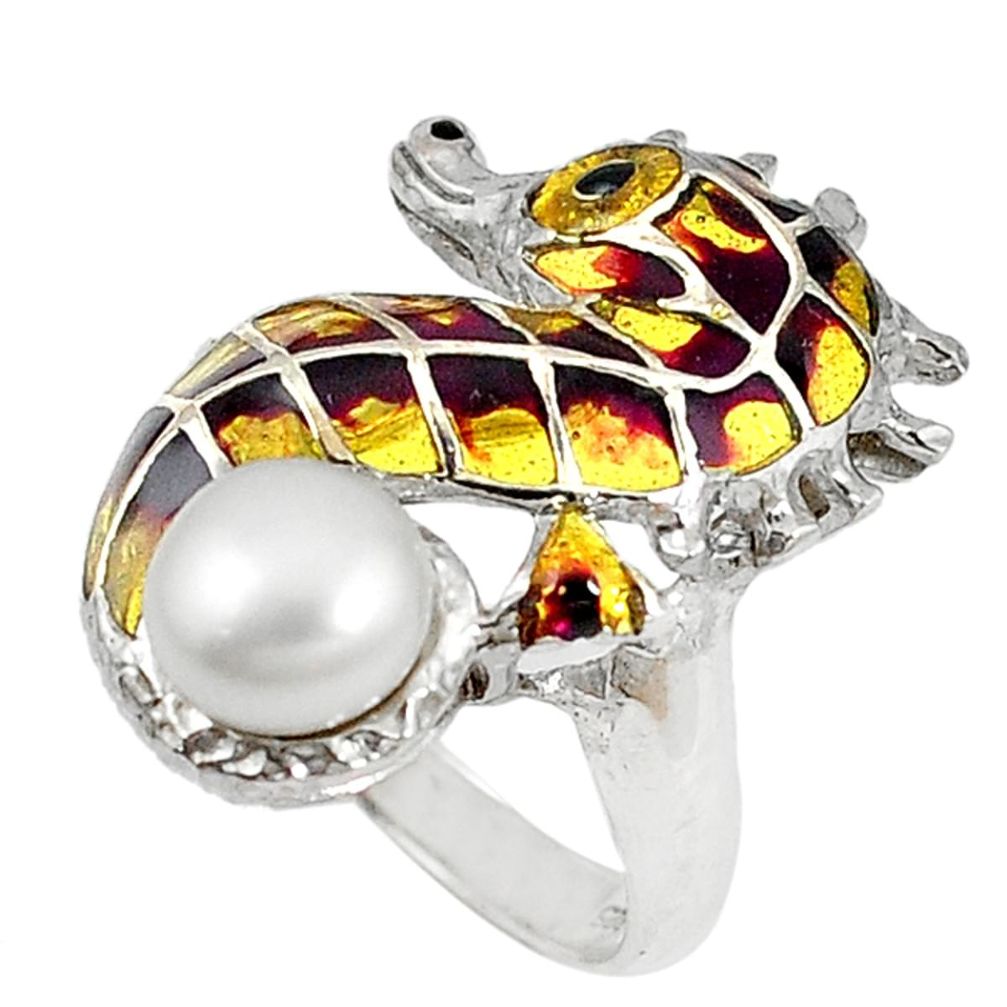 Natural white pearl enamel 925 sterling silver seahorse ring size 7.5 c22877