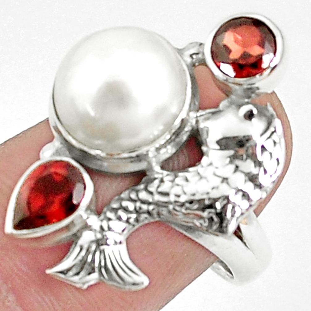 white pearl garnet 925 sterling silver fish ring size 7.5 p42840