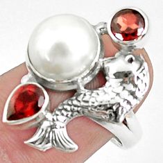Clearance Sale- 7.12cts natural white pearl garnet 925 sterling silver fish ring size 7.5 p42840