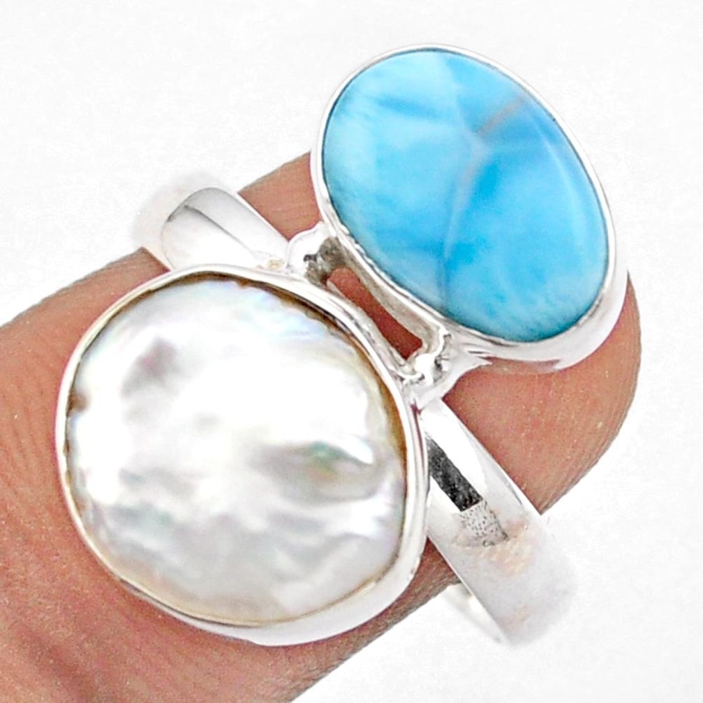 13.28cts sea life natural white pearl larimar fancy sterling silver ring size 9 u14166
