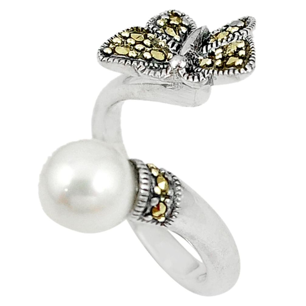 3.76cts natural white pearl marcasite 925 silver adjustable ring size 4.5 c22977