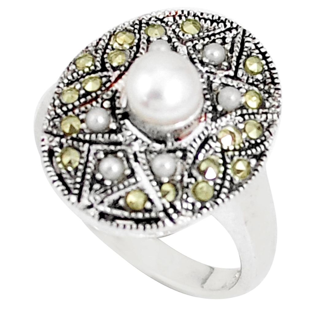 1.22cts natural white pearl marcasite 925 silver ring size 7 a93636 c24871