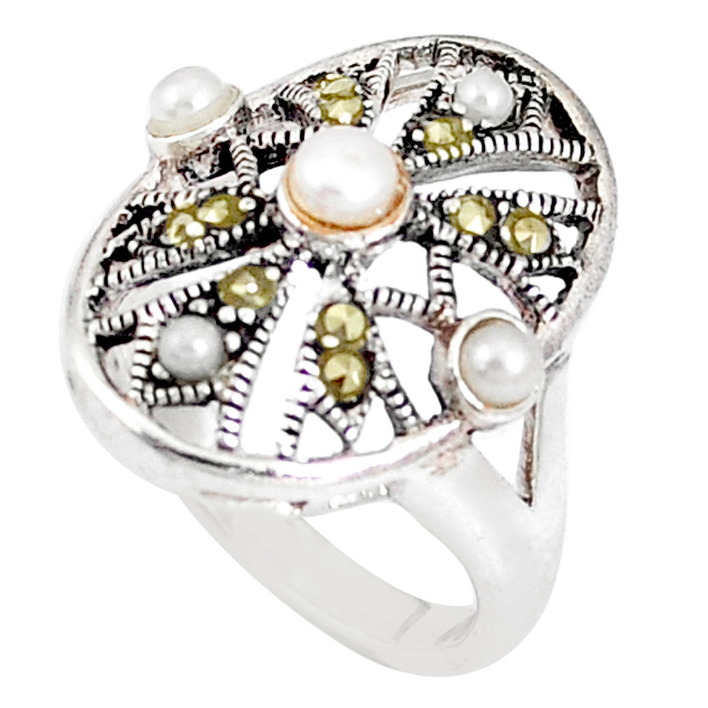 2.44cts natural white pearl marcasite 925 sterling silver ring size 7.5 c20782