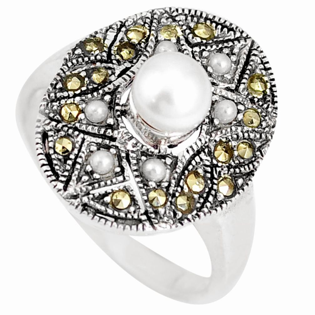 2.01cts natural white pearl marcasite 925 sterling silver ring size 8.5 c26194