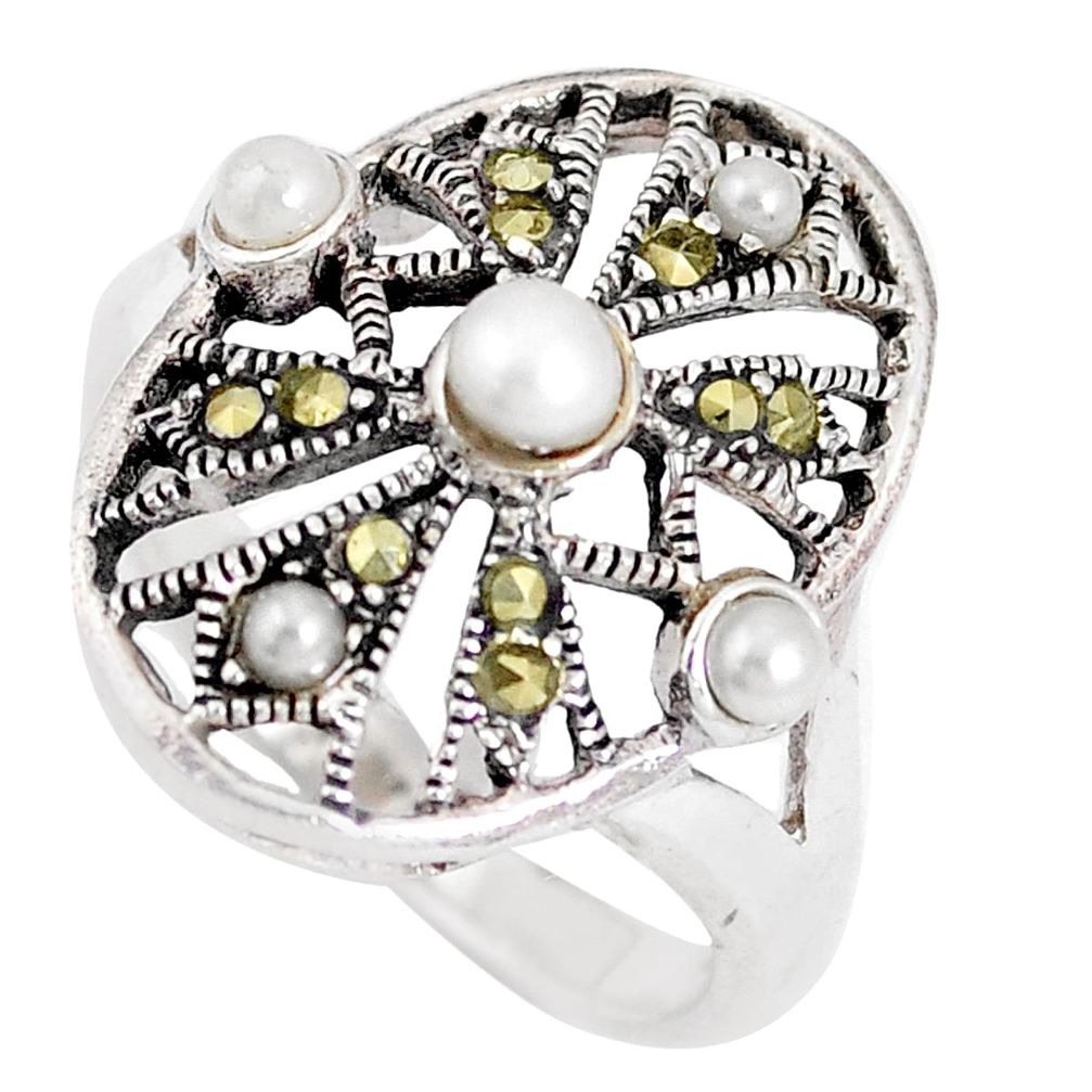 1.22cts natural white pearl marcasite 925 sterling silver ring size 6.5 c26196