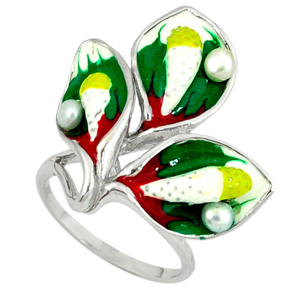 Natural white pearl multi color enamel 925 sterling silver ring size 7 c16784
