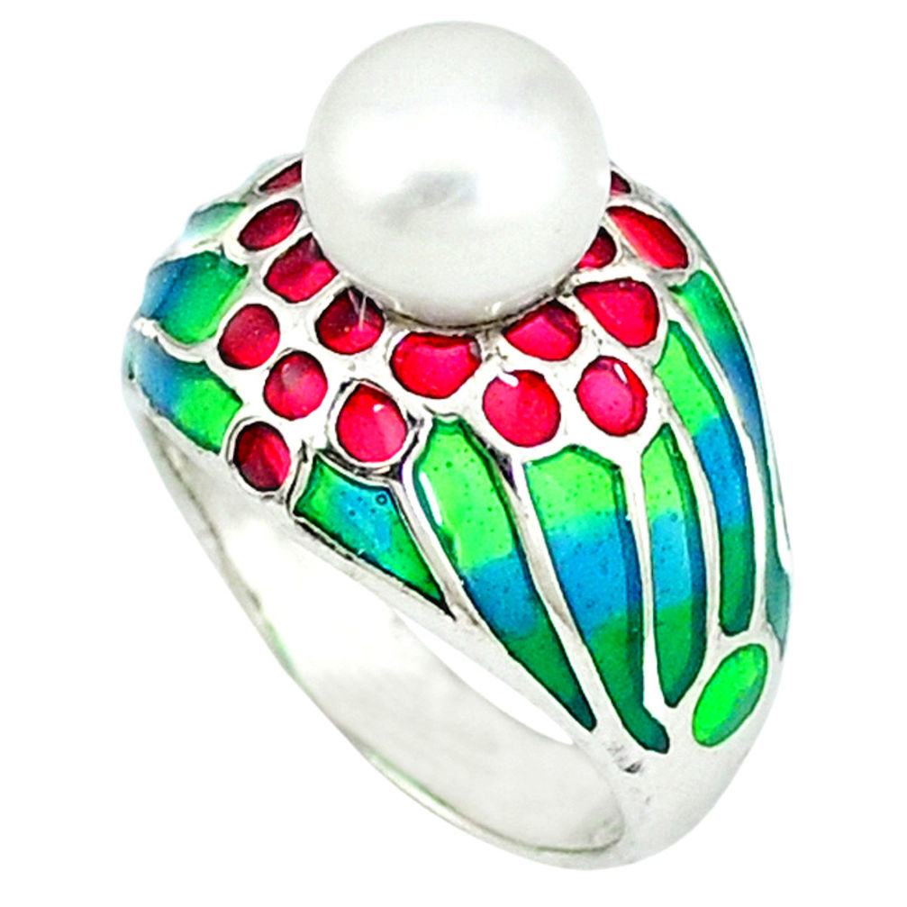 Natural white pearl multi color enamel 925 sterling silver ring size 7.5 c20741