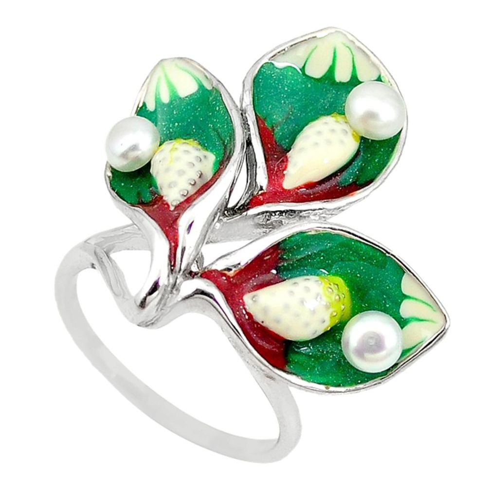 Natural white pearl multi color enamel 925 sterling silver ring size 7 c22002