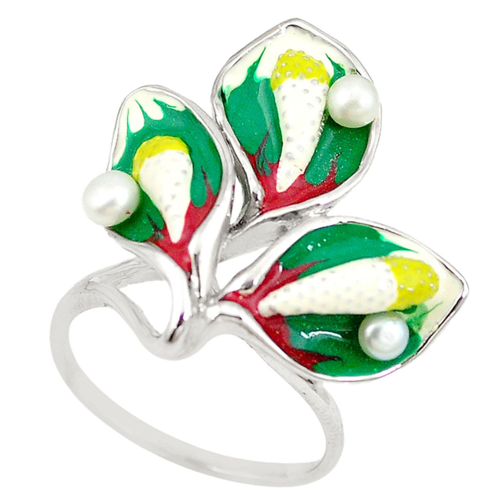 Natural white pearl multi color enamel 925 sterling silver ring size 9 c22011