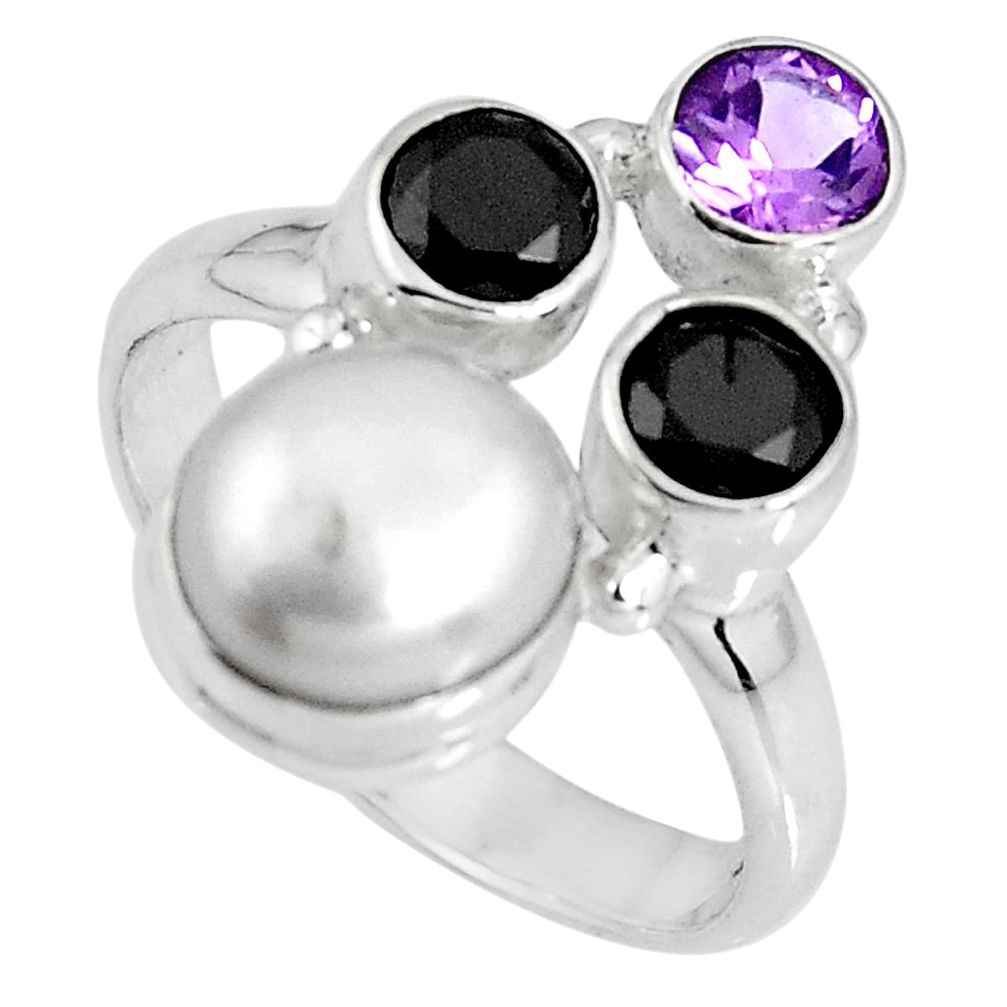 6.57cts natural white pearl onyx amethyst 925 silver ring size 6.5 p90681