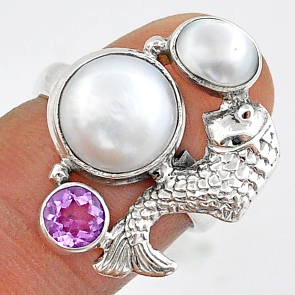 7.13cts natural white pearl purple amethyst 925 silver fish ring size 6.5 u87949