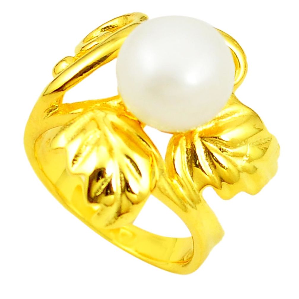 Natural white pearl round 925 sterling silver 14k gold ring size 5.5 c23974