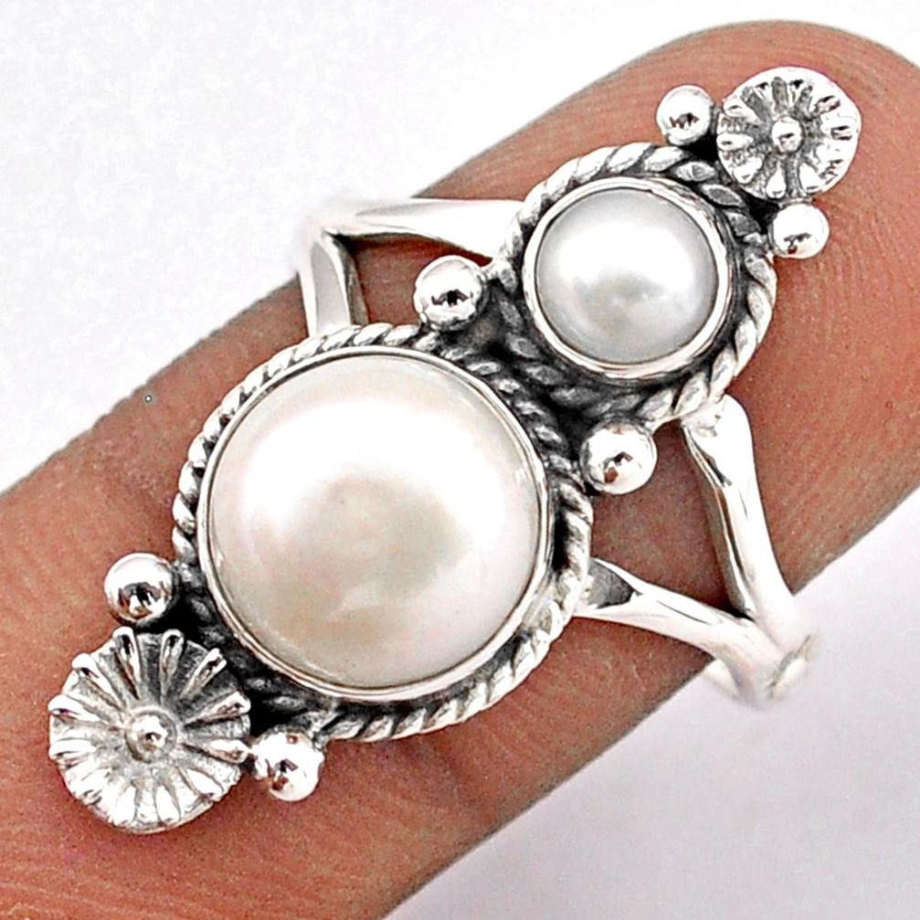 5.80cts natural white pearl round 925 sterling silver flower ring size 8 t86566