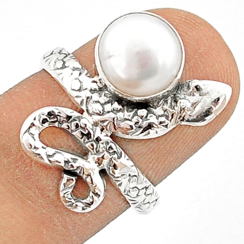 3.43cts natural white pearl round 925 sterling silver snake ring size 6 u29610