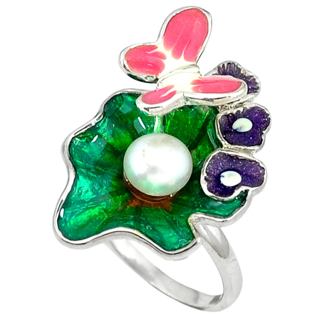 Natural white pearl round enamel 925 silver butterfly ring size 7 c16773