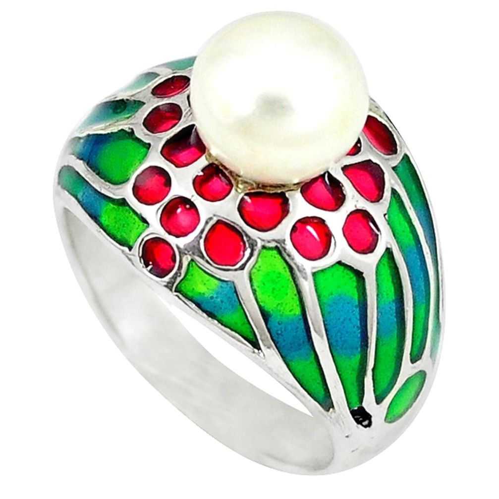 Natural white pearl round enamel 925 sterling silver ring size 7.5 c20744