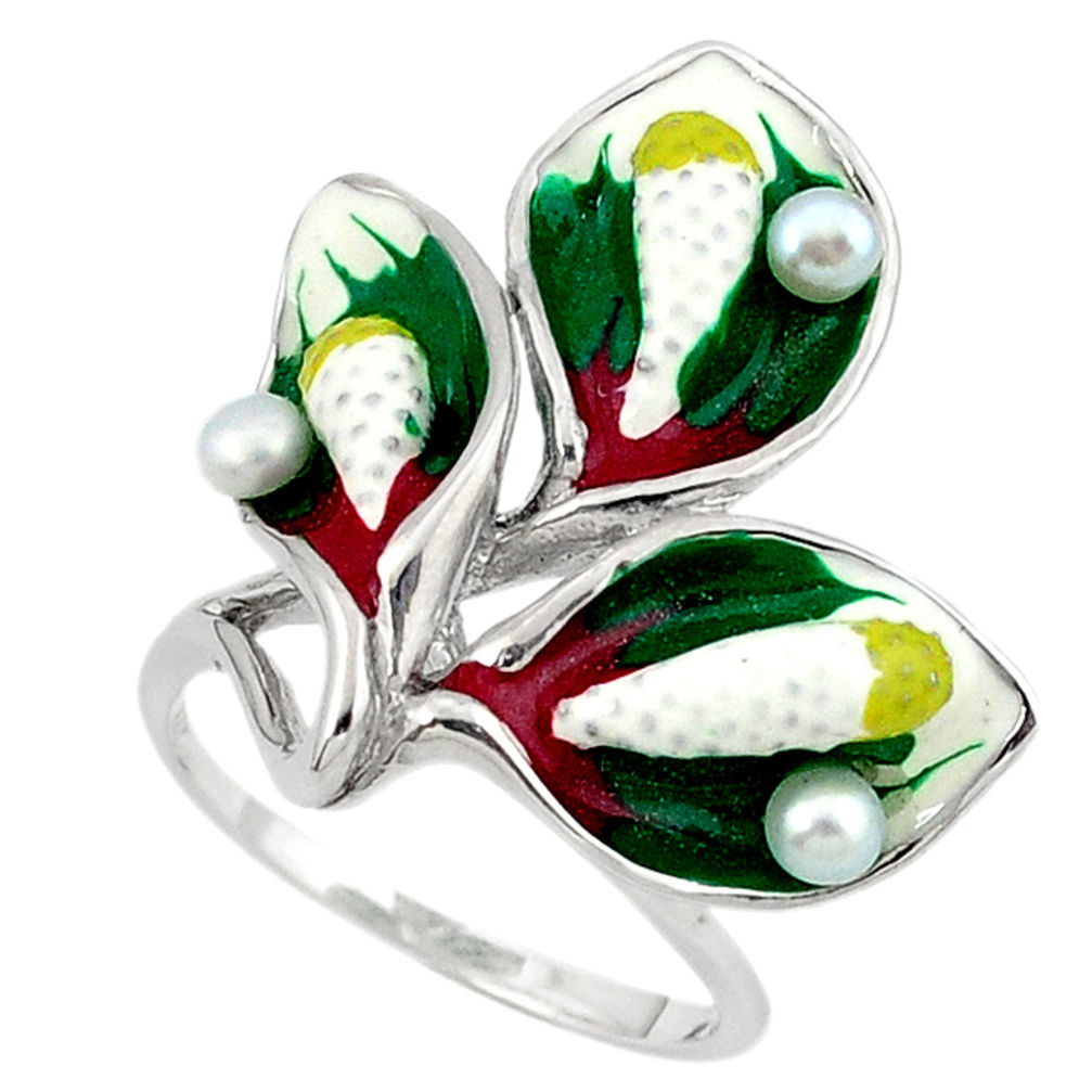 Natural white pearl round enamel 925 sterling silver ring size 8 c16797