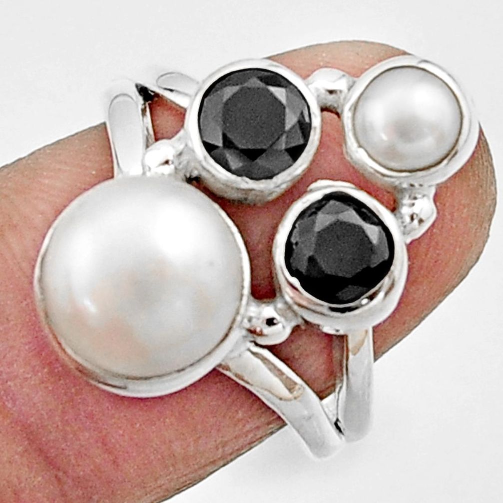 6.48cts natural white pearl round onyx 925 sterling silver ring size 6.5 r22952