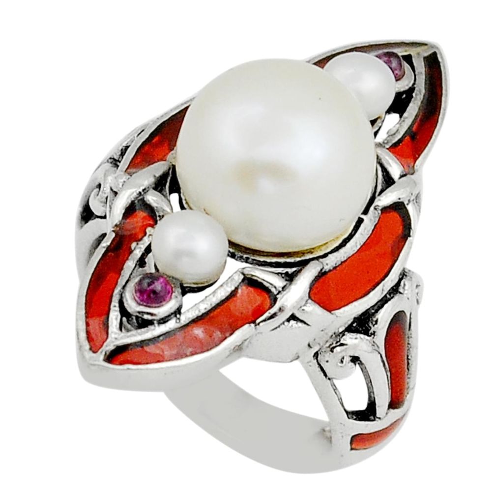 7.22cts natural white pearl round ruby red enamel 925 silver ring size 6 c29673