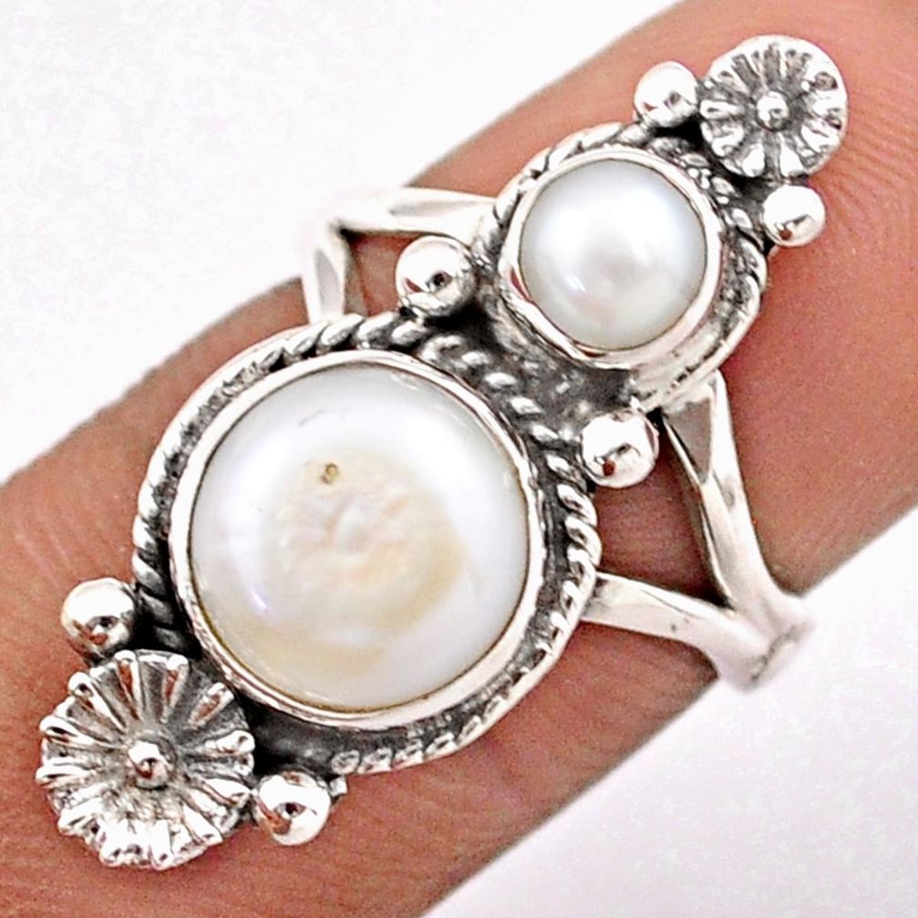6.04cts natural white pearl round sterling silver flower ring size 5.5 t86526