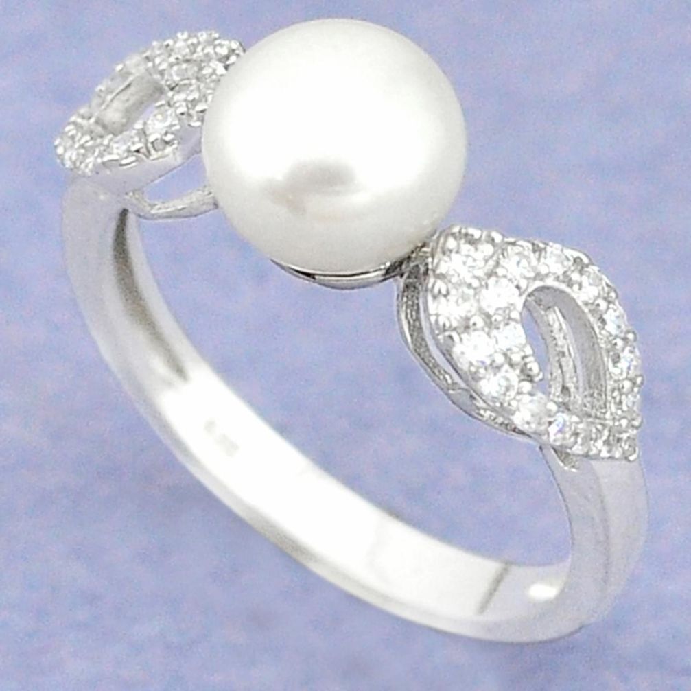 Natural white pearl round topaz 925 sterling silver ring jewelry size 8.5 c25190