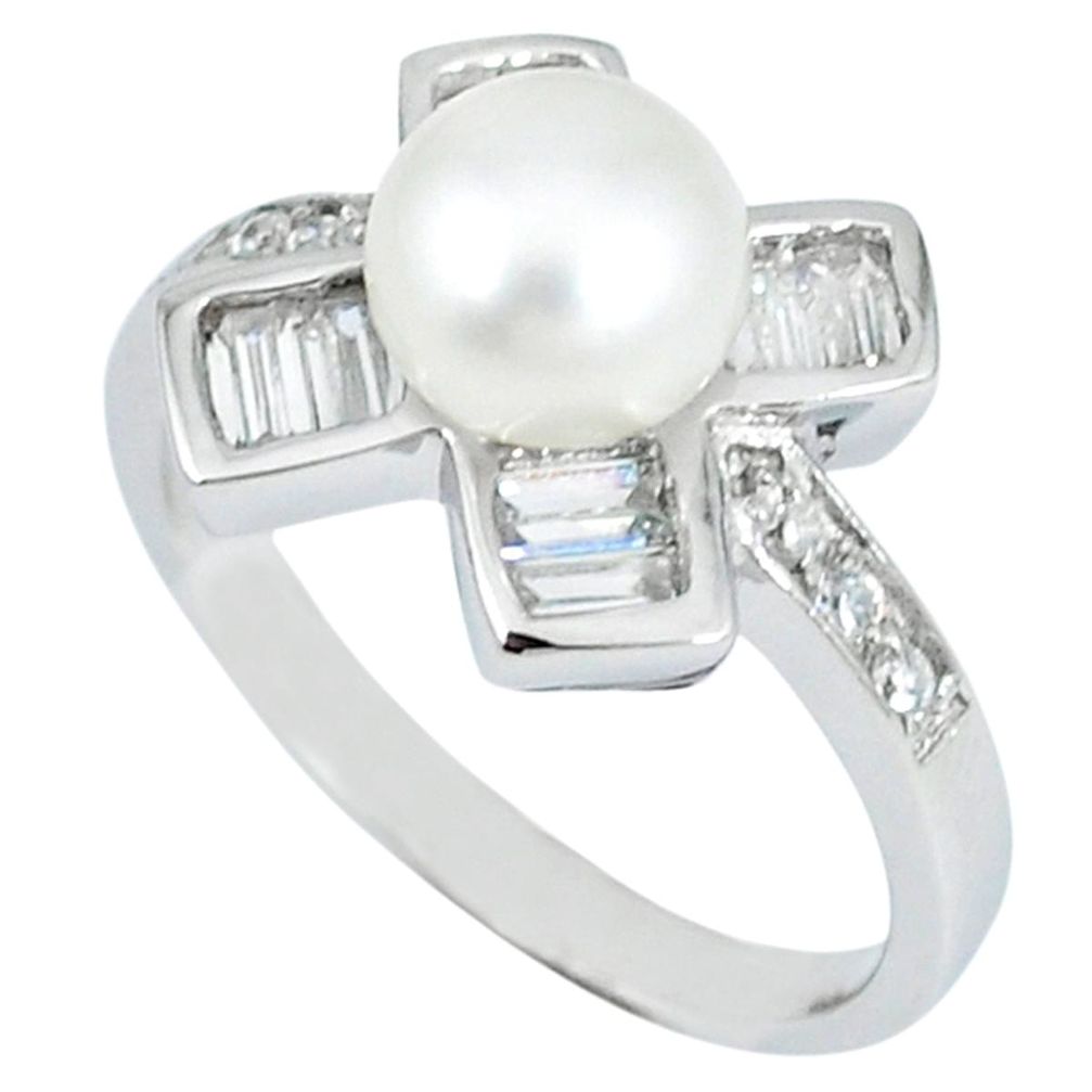 Natural white pearl round topaz 925 sterling silver ring jewelry size 6 c25180