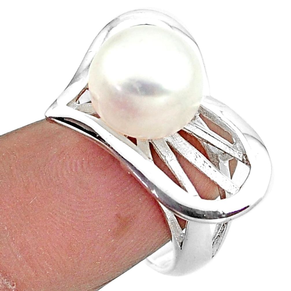 6.32cts natural white pearl sterling silver heart solitaire ring size 9 c23888