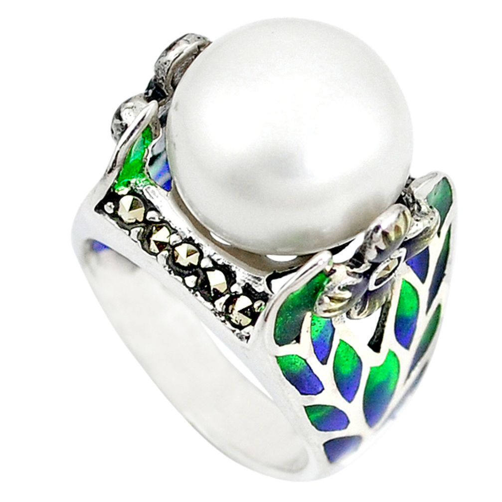 Natural white pearl swiss marcasite enamel 925 silver ring size 6.5 c20721