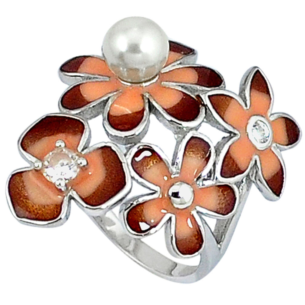 Natural white pearl topaz enamel 925 silver flower ring jewelry size 7.5 c15911