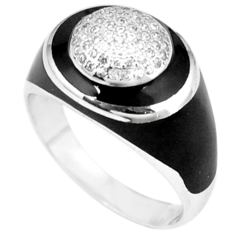 Natural white topaz black enamel 925 sterling silver mens ring size 10 c11371