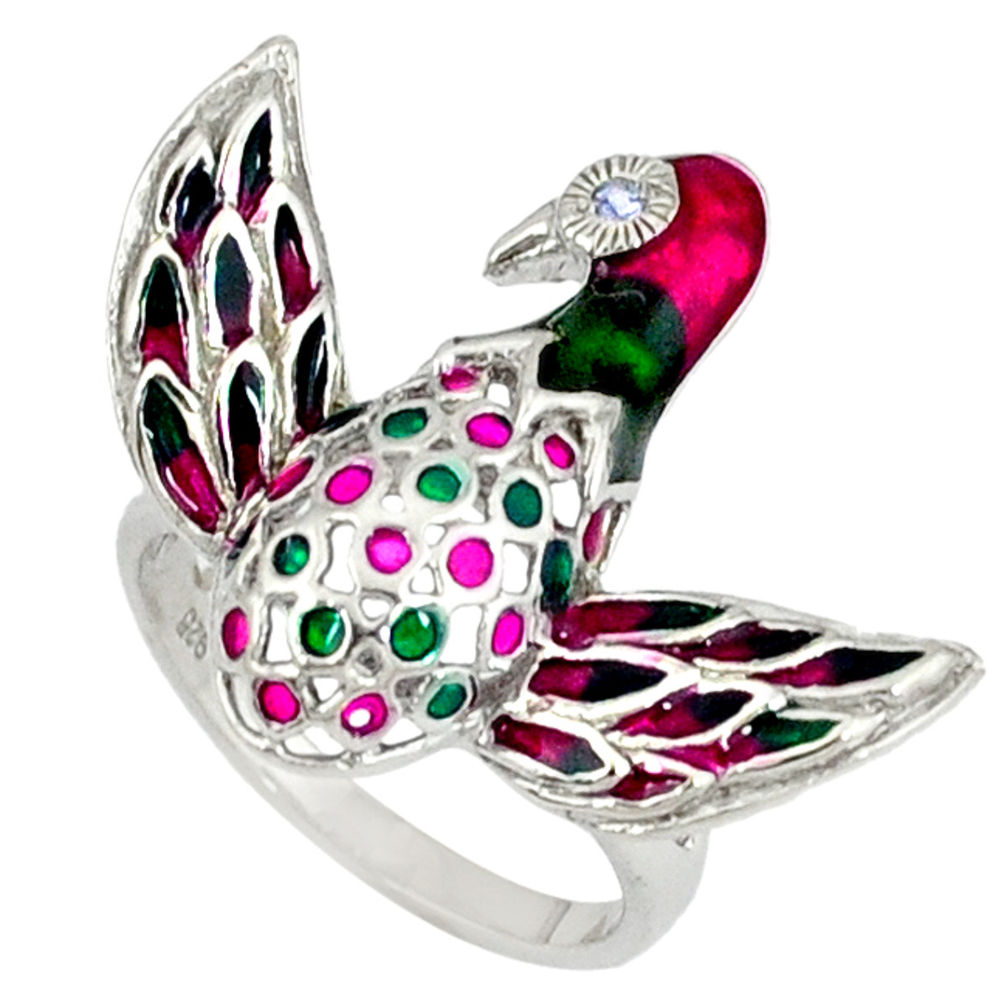 LAB Natural white topaz enamel 925 sterling silver bird ring size 8 c16824