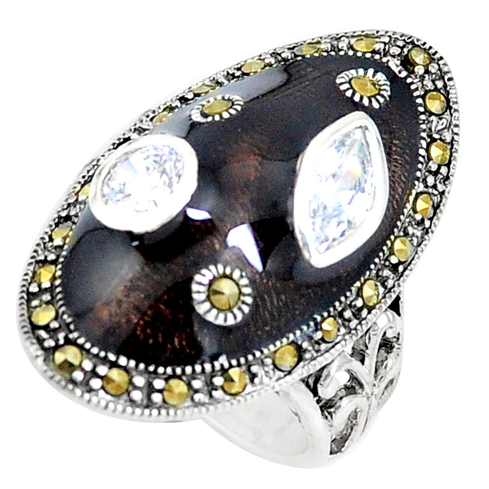 LAB 3.16cts natural white topaz marcasite enamel 925 silver ring size 7 c21399