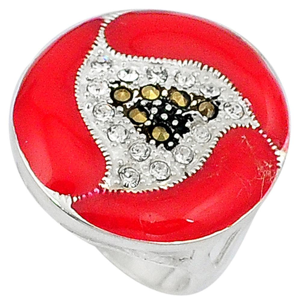LAB 0.95cts natural white topaz marcasite red enamel 925 silver ring size 7.5 c22001