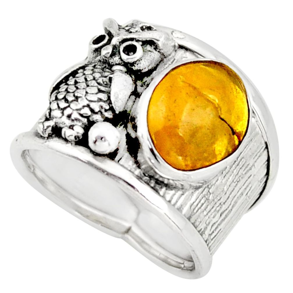 4.82cts natural yellow amber bone 925 silver owl solitaire ring size 7.5 d45893