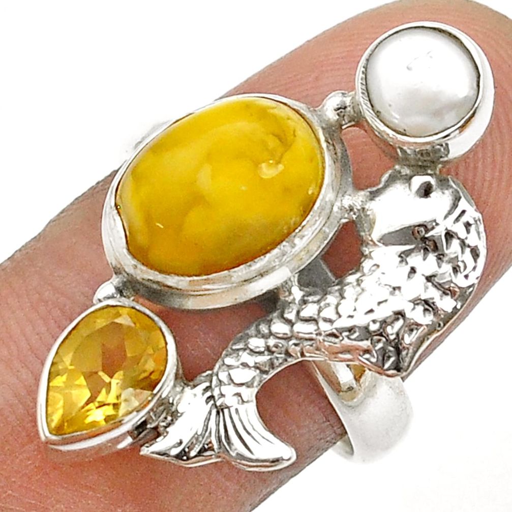 6.80cts natural yellow amber bone citrine pearl silver fish ring size 8 u75133