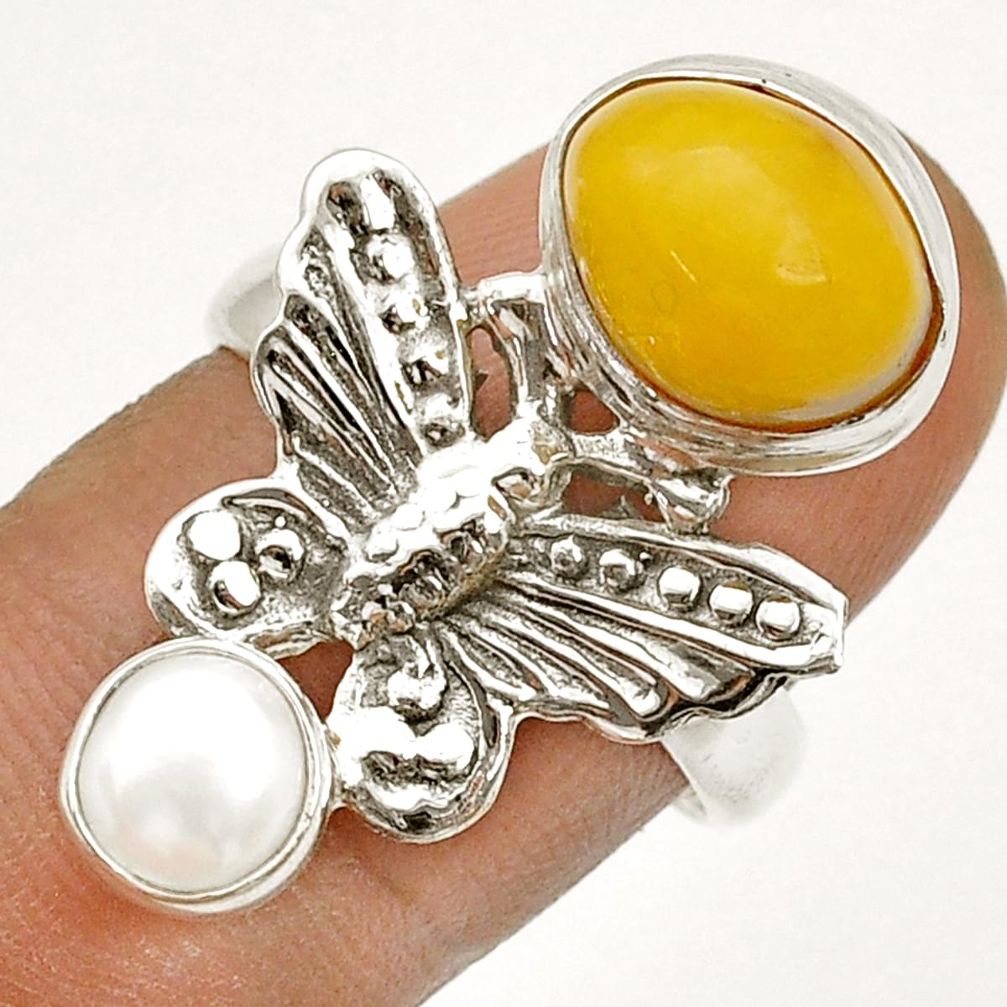 4.93cts natural yellow amber bone pearl 925 silver butterfly ring size 8 u75131