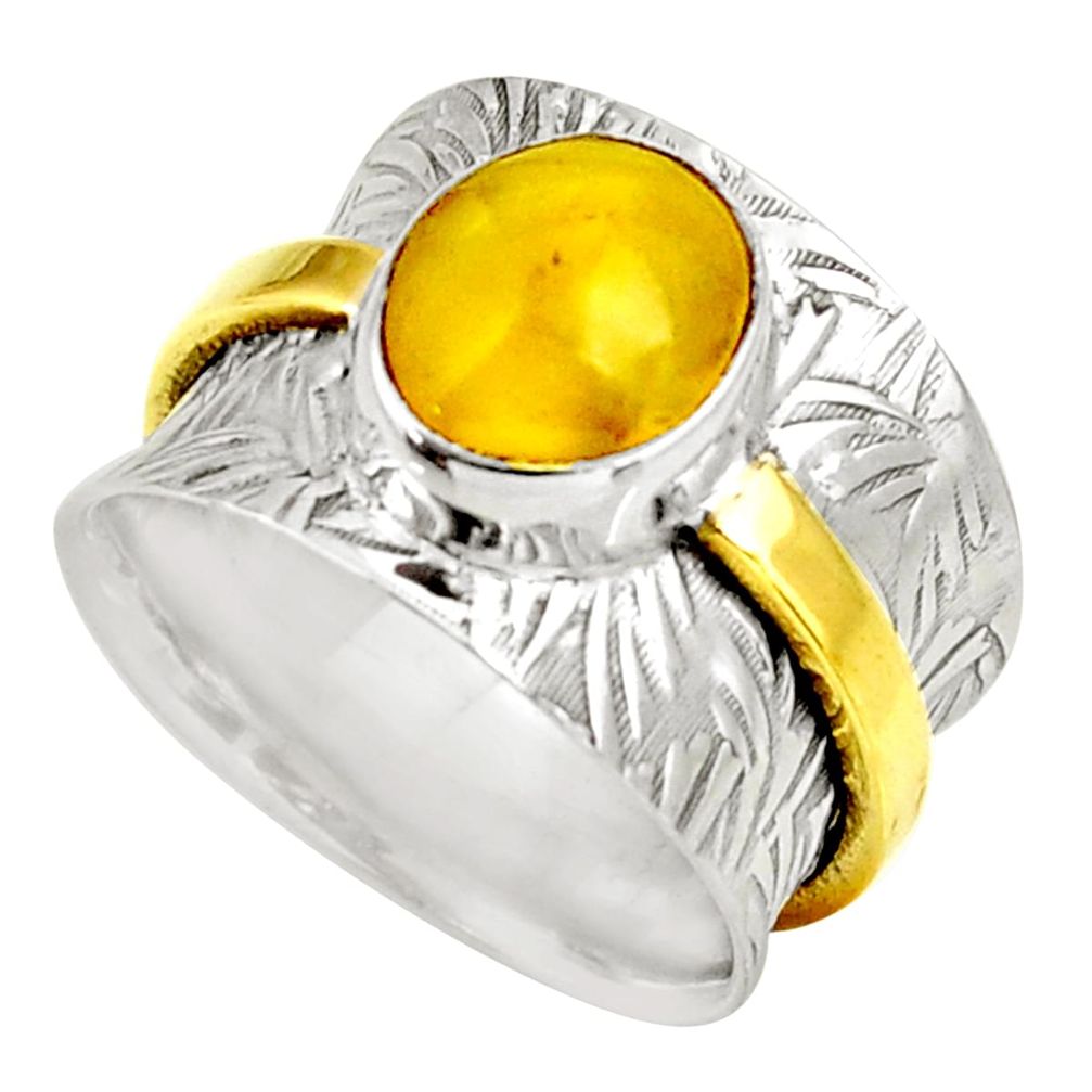 4.68cts natural yellow amber bone silver 14k gold solitaire ring size 8 d39109