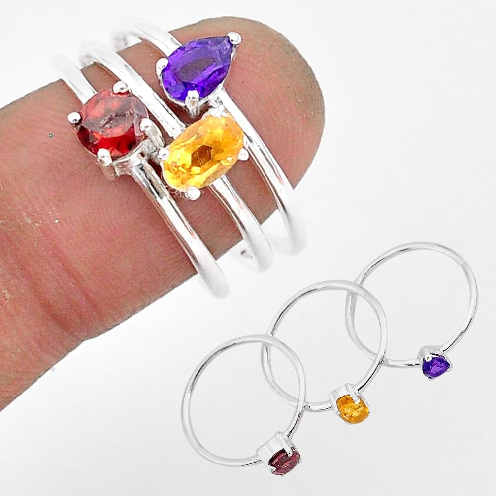 2.91cts natural yellow citrine amethyst garnet 925 silver 3 rings size 8 r93133