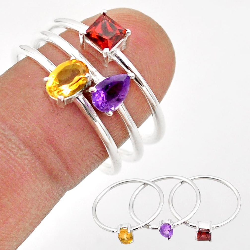 2.81cts natural yellow citrine amethyst garnet silver 3 rings size 8.5 t74773