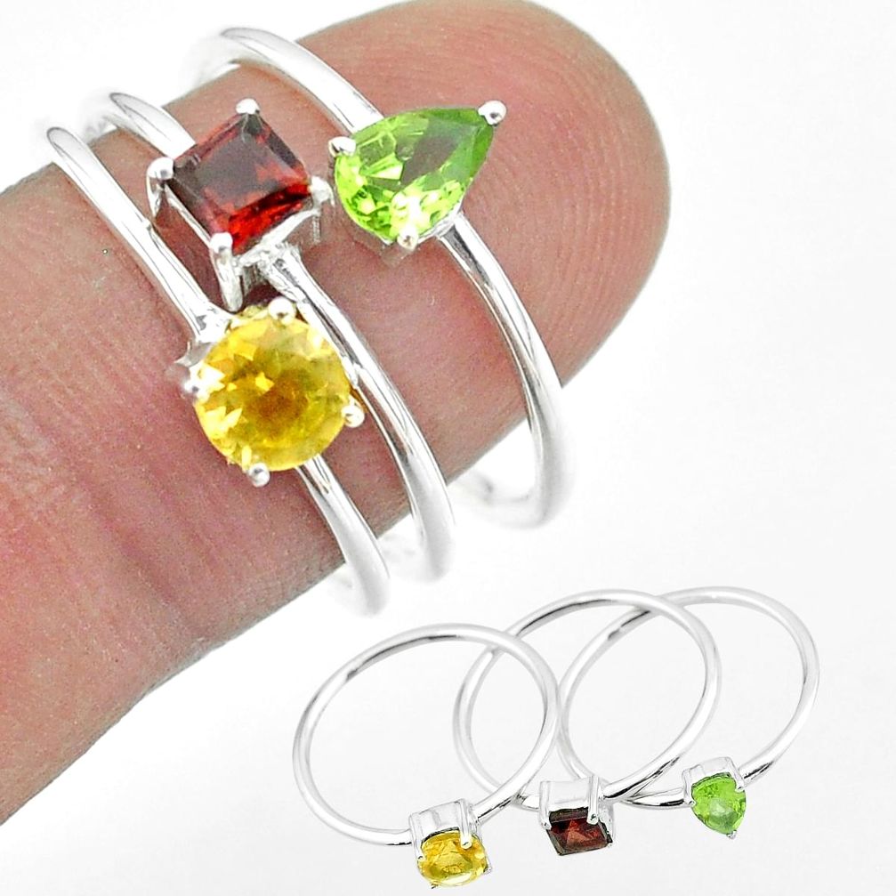 2.97cts natural yellow citrine peridot garnet 925 silver 3 rings size 6 t51156