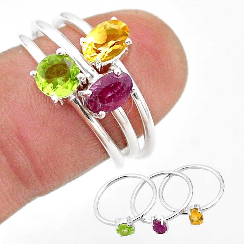 2.81cts natural yellow citrine peridot ruby 925 silver 3 rings size 7 t74875