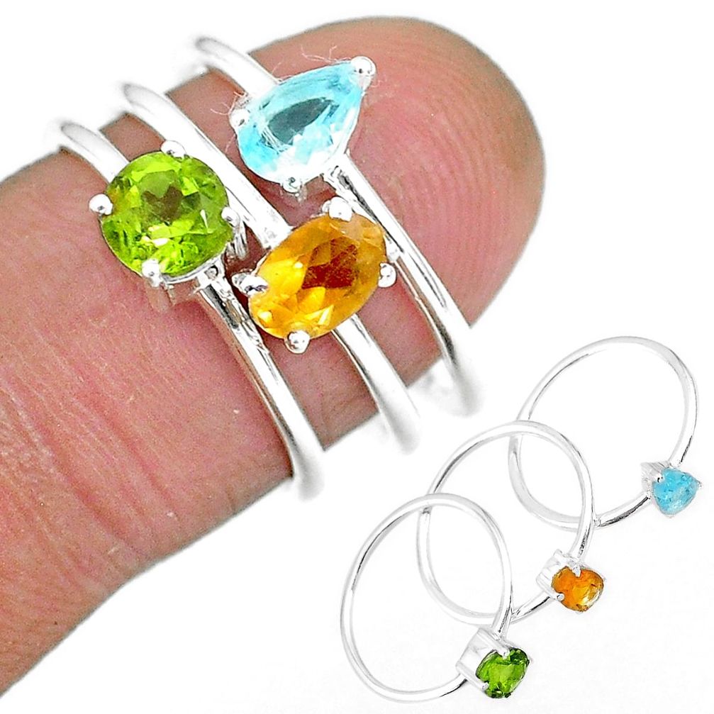 3.13cts natural yellow citrine peridot topaz 925 silver 3 rings size 6.5 r92482