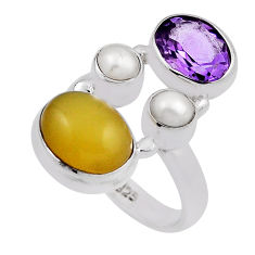 8.83cts natural yellow olive opal amethyst pearl 925 silver ring size 6.5 n23861