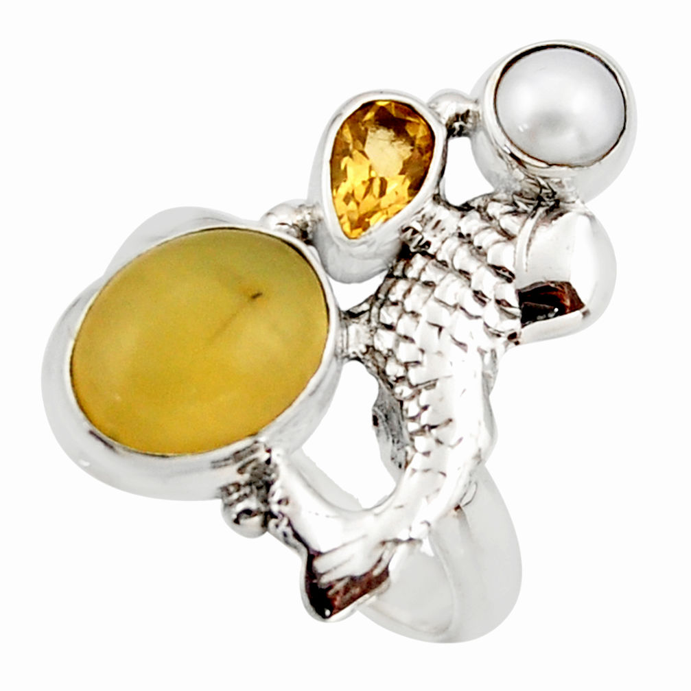 6.57cts natural yellow olive opal citrine 925 silver fish ring size 7.5 d46107
