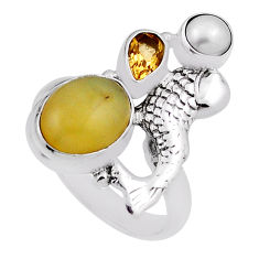 6.32cts natural yellow olive opal citrine pearl silver fish ring size 7.5 n25862