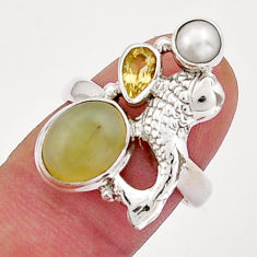 6.15cts natural yellow olive opal citrine pearl silver fish ring size 7.5 y20801