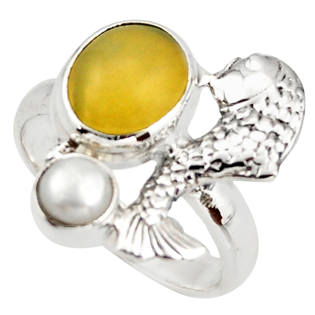 5.53cts natural yellow olive opal pearl 925 silver fish ring size 7 d46032