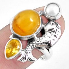 Clearance Sale- 8.27cts natural yellow opal citrine pearl 925 silver fish ring size 8.5 p42637
