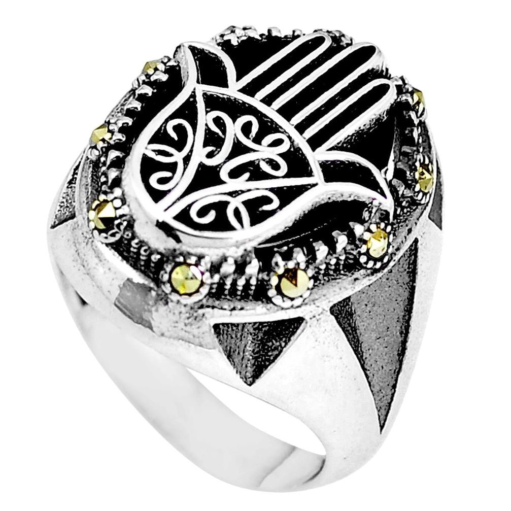 Onyx marcasite 925 silver hand of god hamsa mens ring jewelry size 9 c11072
